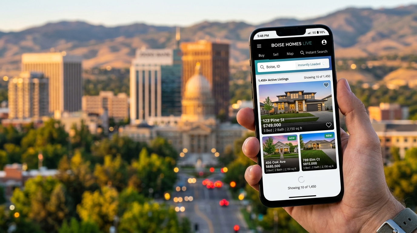 A high-performance real estate website showing Boise home listings loading instantly on a smartphone, with a blurred background of the Boise skyline.